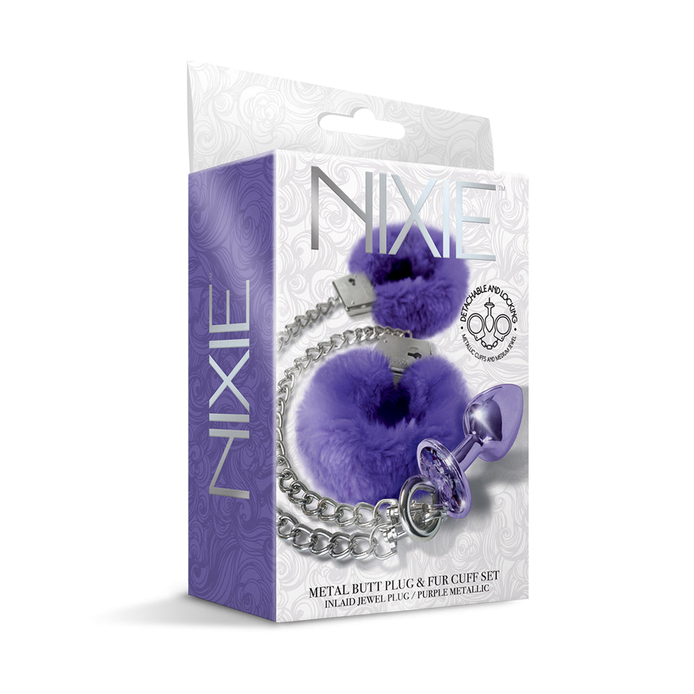 Nixie Metal Butt Plug & Furry Cuff Set Medium Purple Metallic