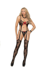 Load image into Gallery viewer, Lace suspender bodystocking embellished with bows and matching g-string.
