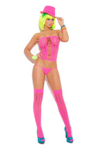 Load image into Gallery viewer, Opaque pothole bandeau top, g-string and matching stockings.
