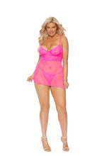 Load image into Gallery viewer, Lace and mesh babydoll with underwire cups, adjustable straps, hook and eye back closure and a matching g-string.
