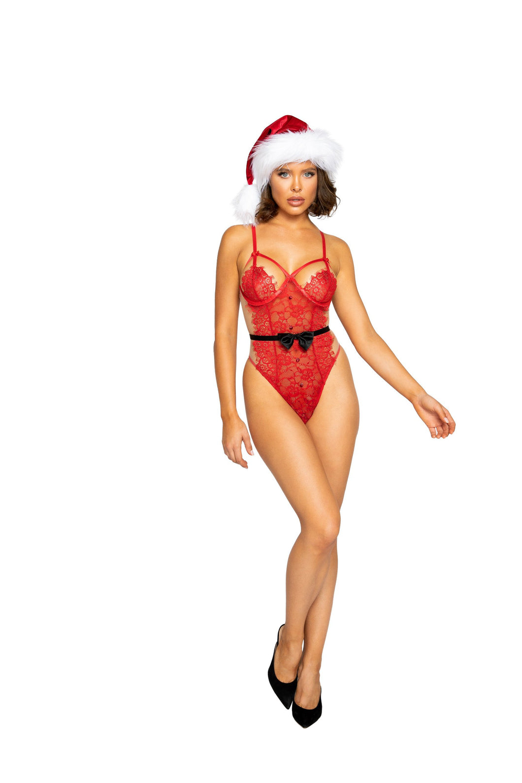 Roma Confidential LI362 Naughty Claus Eyelash Lace Teddy Sexy Naughty Claus Eyelash Lace Teddy with Button Detail and Black Bow Detailing with a G-String Back