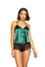 Load image into Gallery viewer, Roma Confidential LI366 Elegant Pajama Set Elegant Satin Pajama Set with Button Front Cami Top with Eyelash Lace Trim in Back and See-Through Eyelash Lace Boyshorts 
