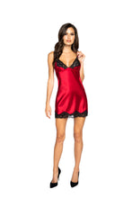 Load image into Gallery viewer, Roma Confidential LI367 Soft Satin Chemise with Lace Detail Stunning Soft Satin Red Chemise with Black Lace Trim and Criss Cross Straps
