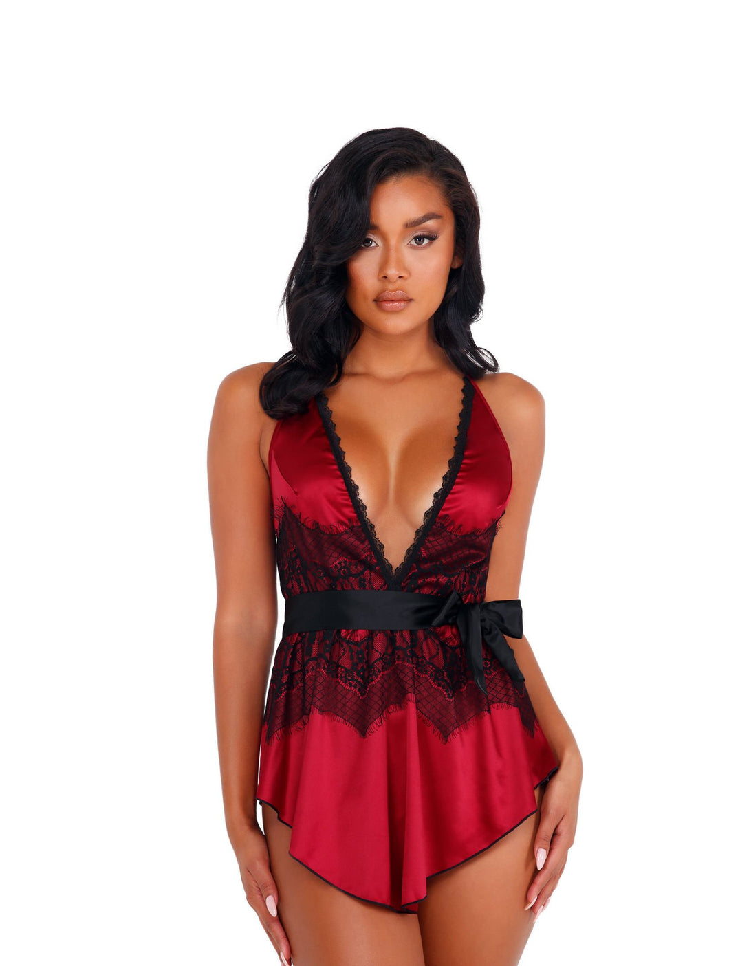 LI398 - 2pc Satin & Lace Babydoll with Tie