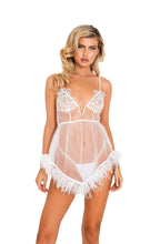 Load image into Gallery viewer, LI450 - 2pc Bridal Corset Chemise with Ostrich Feather Trim &amp; Panty
