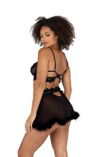 Load image into Gallery viewer, LI478 - 2PC Mesh Underwire Bralette &amp; Skirt Set with Faux Fur Detail
